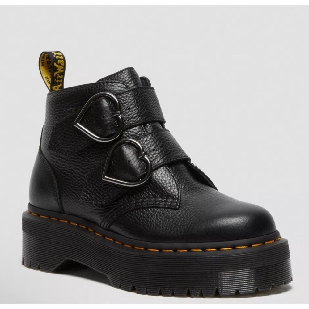 Doc Dr Martens Devon Heart Platform Boots Black Leather Double Buckle US 7 EU 38